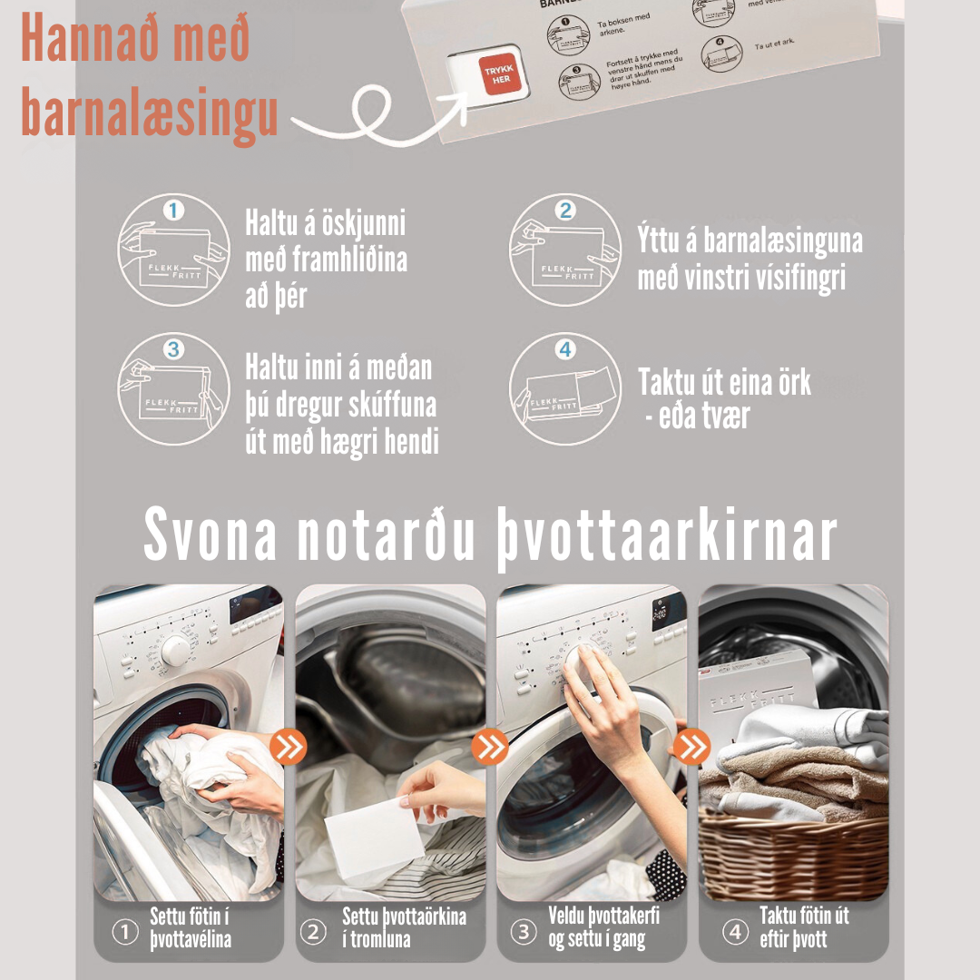 Flekkfritt Þvottaarkir  Án ilmefna 50 ark <100 vask