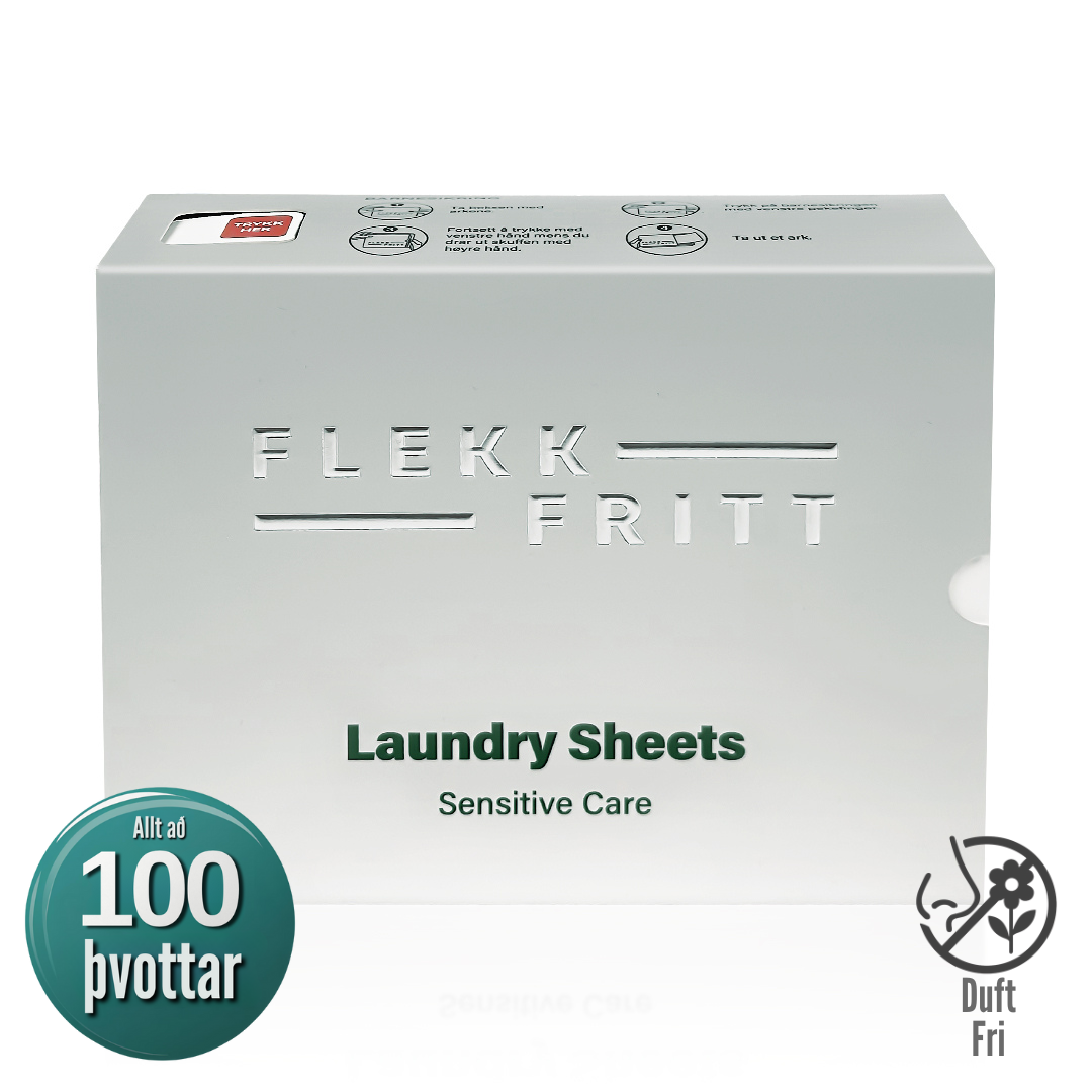 Flekkfritt Sensitive Care þvottaþynnur pakki á hvítum bakgrunni